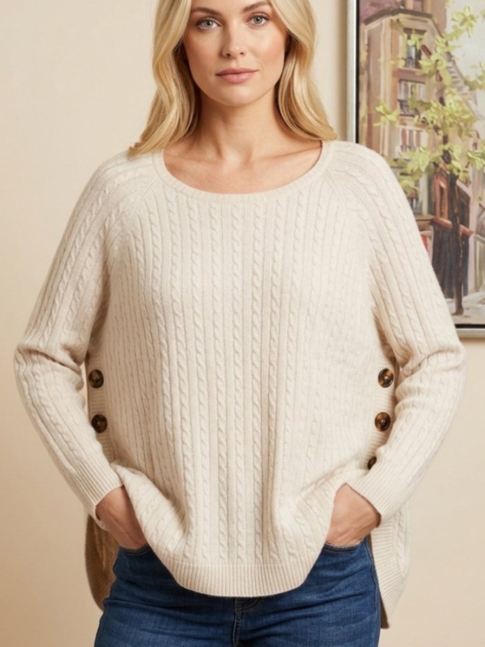 NWOT Lusso 100% Cashmere Cable Knit Button Side Poncho Sweater Oatmeal XL / 1X